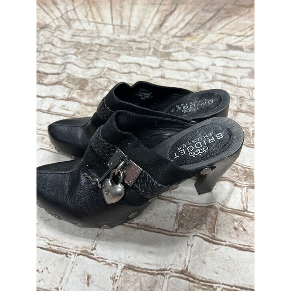 BRIDGET SHUSTER SASSY BLACK LEATHER MULE HEELS SIZE US 10 Lock Heart - Picture 2 of 8
